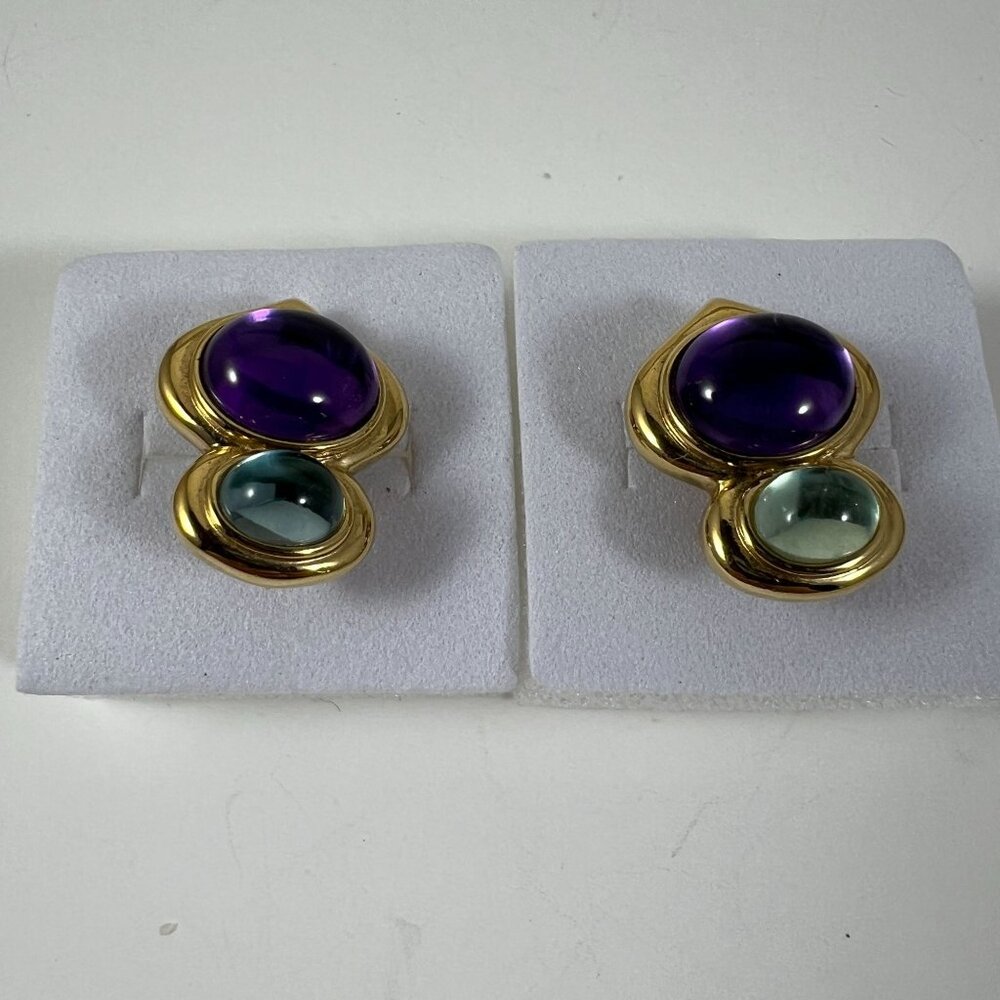 Vintage Kai Yinlo Sterling Silver Clip-On Earrings With Purple & Green Cabochon